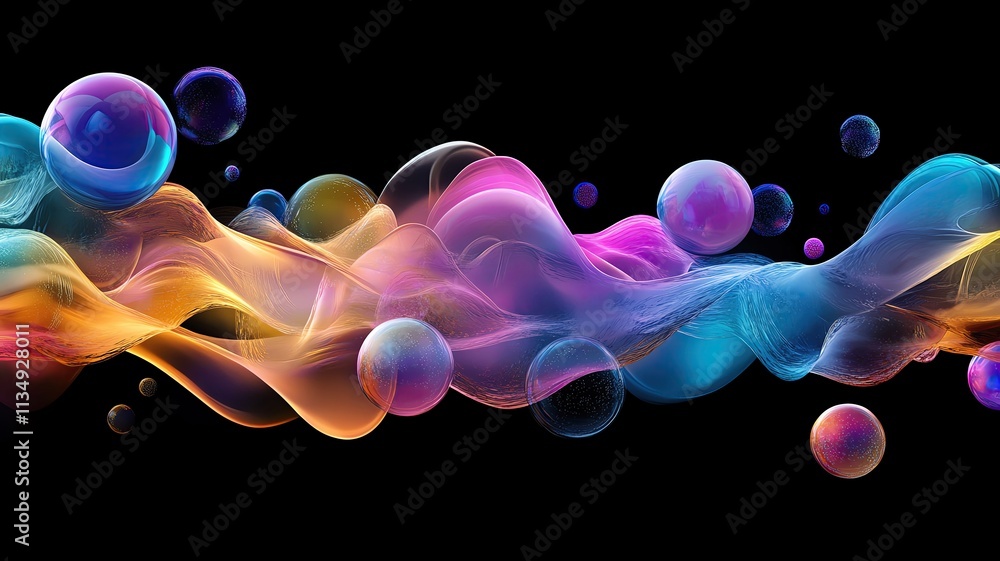 Fototapeta premium bright forms floating on black background Bright forms floating on a black background, swirling with dynamic energy patterns in vivid, glowing colors