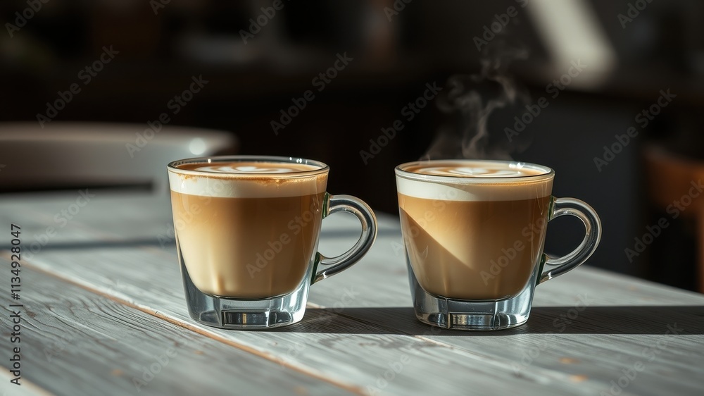 Two steaming cups of coffee with latte art on a rustic wooden table, a cozy morning beverage Two steaming cups of coffee with latte art on a rustic wooden table, a cozy morning beverage