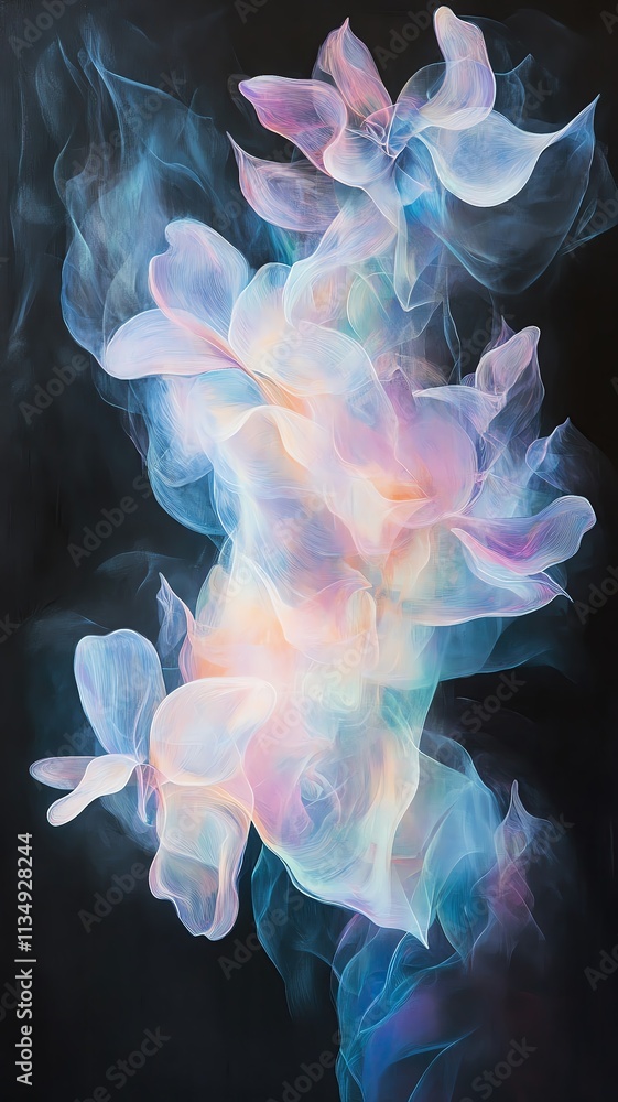 Naklejka premium bright forms floating on black background Abstract pastel flower smoke art print