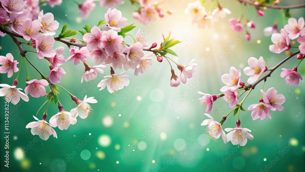 Delicate pink blossoms on a branch, bathed in soft sunlight, with a blurred green background and shimmering bokeh lights. Delicate pink blossoms on a branch, bathed in soft sunlight, with a blurred green background and shimmering bokeh lights.