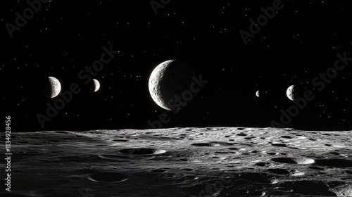 Cosmic landscape featuring the moon and multiple planets in a star-filled space environment with a lunar surface foreground. photo