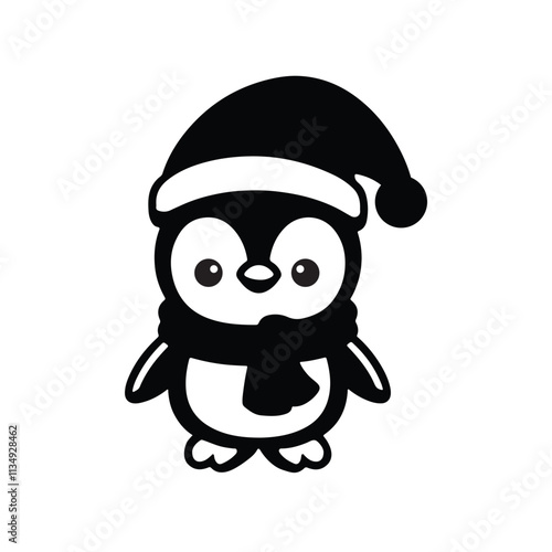 Vector outline of a cute frosty the pengin wearnig a santa clause hat and scarf on white background