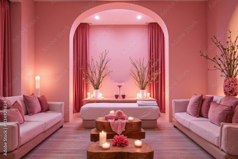 Elegant pink spa room with candles and cozy seating for relaxation and wellness treatments Elegant pink spa room with candles and cozy seating for relaxation and wellness treatments