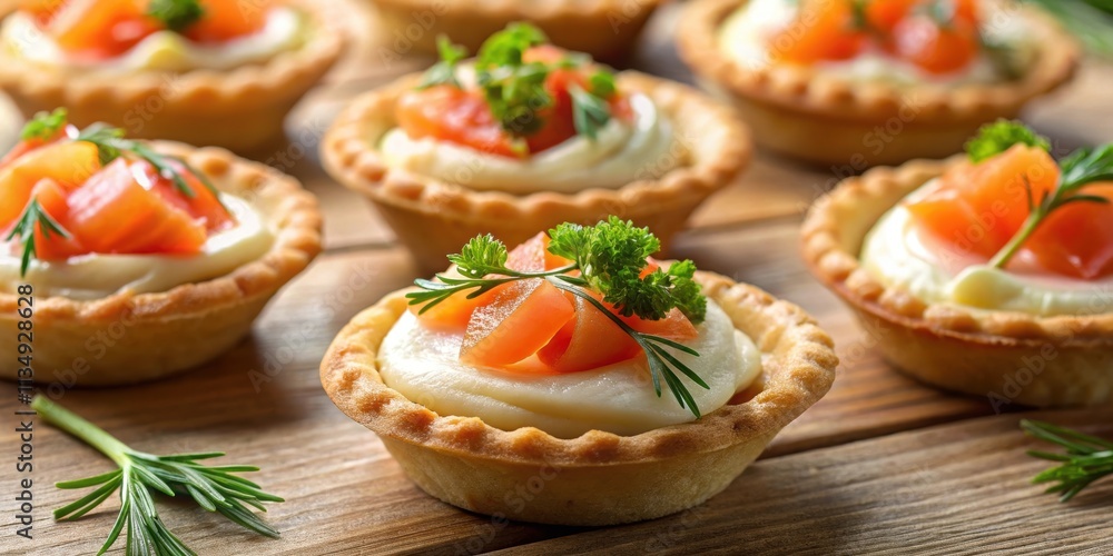 Closeup view of gourmet mini tarts filled with smoked salmon, freshly baked and ready to serve, gourmet, mini tarts Closeup view of gourmet mini tarts filled with smoked salmon, freshly baked and ready to serve, gourmet, mini tarts