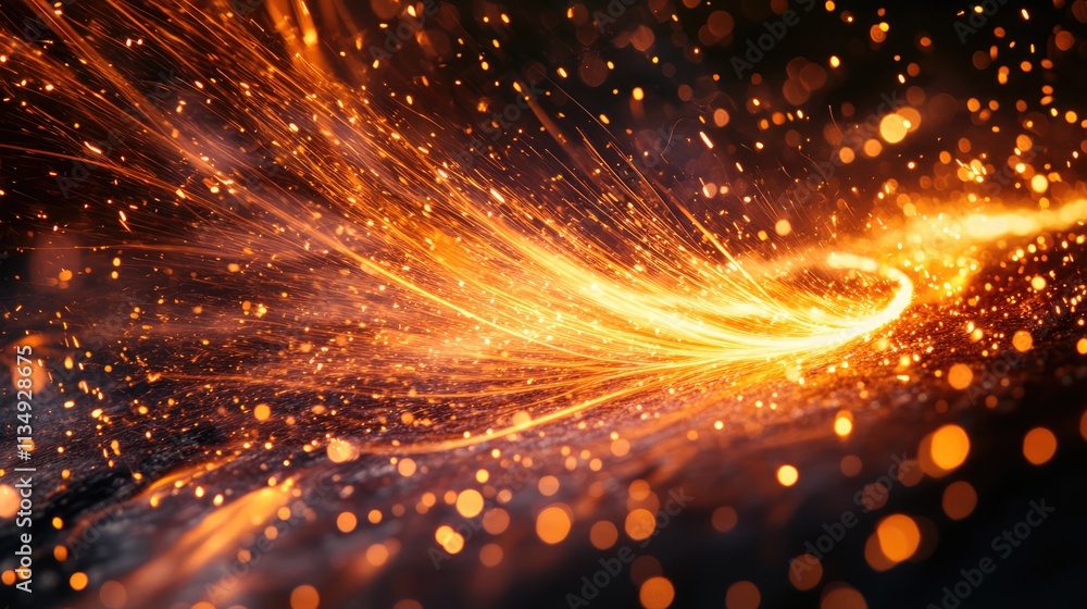 Obraz premium Detailed close-up of electric welding spot emitting high temperatures, vibrant sparks, and glowing molten particles, highlighting the intense energy and dynamic movement, industry, craftsmanship, tech