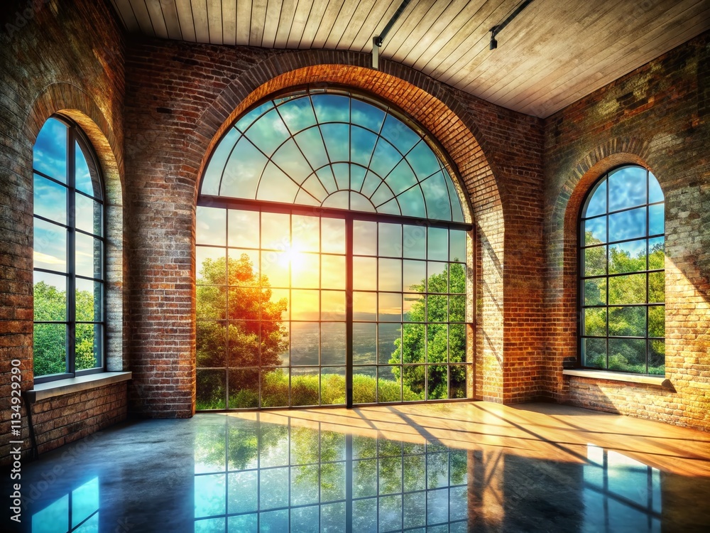 Fototapeta premium Empty Room with Large Arched Window in Loft Interior Mockup: Minimalist Studio or Office Space Featuring Cement Floor and Exposed Brick Wall for Creative Uses