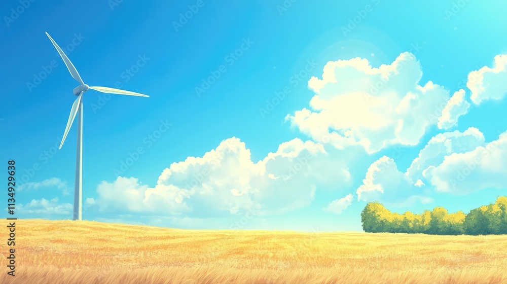 Obraz premium Wind turbines in an arid landscape under a vibrant blue sky providing renewable energy and space for text application