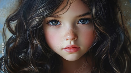 Close up portrait of a young girl with long dark wavy hair expressive eyes and soft features showcasing innocence and beauty