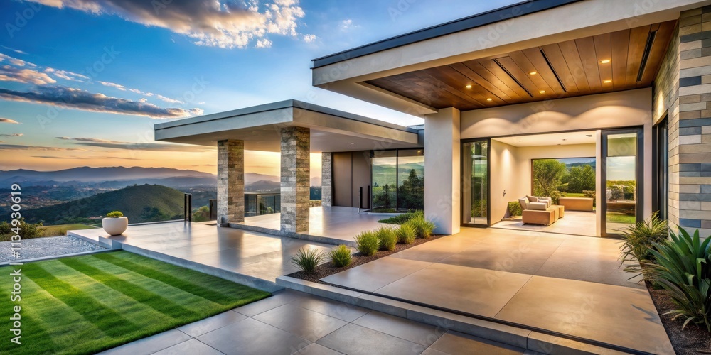 Fototapeta premium Luxury house entrance overlooking stunning outdoor landscape under blue sky, luxury, house, entrance, outdoor