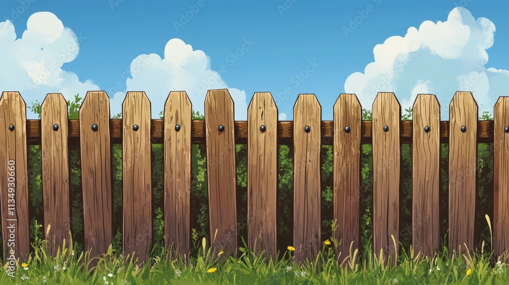 Fototapeta premium Wooden boundary fence with visible nails, set against a bright blue sky and fluffy clouds, surrounded by green grass and wildflowers, rustic, nature, outdoor decor.