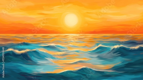 Serene sunset over the ocean with vivid orange and yellow hues reflecting on tranquil waters and gentle waves creating a peaceful atmosphere photo