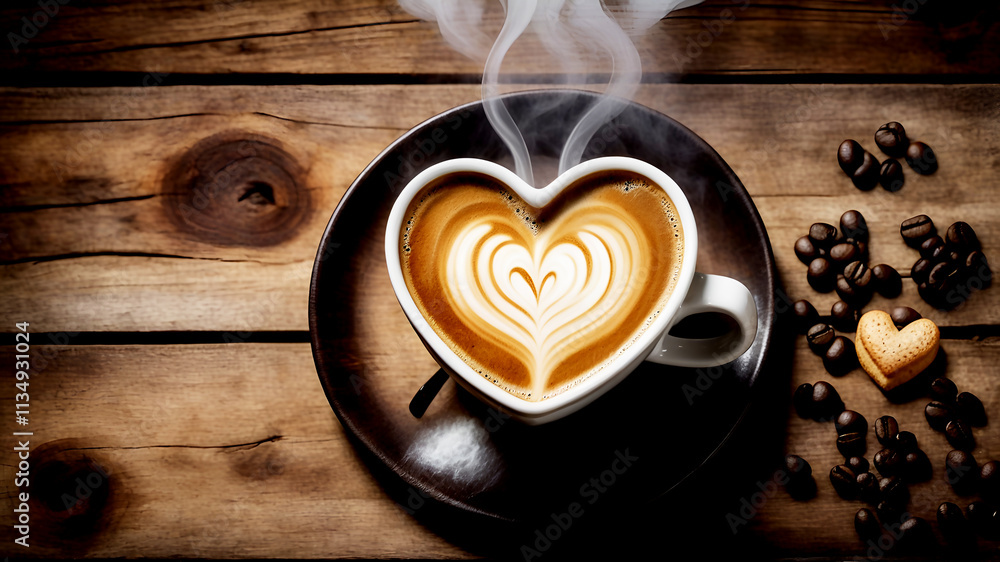 Traditional Coffee Cup With Heart-Shaped Steam On Rustic Wood Traditional Coffee Cup With Heart-Shaped Steam On Rustic Wood