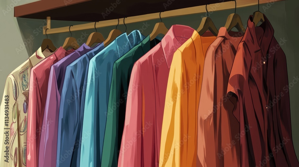 Fototapeta premium Colorful shirts neatly arranged on a wooden shelf showcasing vibrant textile patterns and hues in a well-organized wardrobe setting.