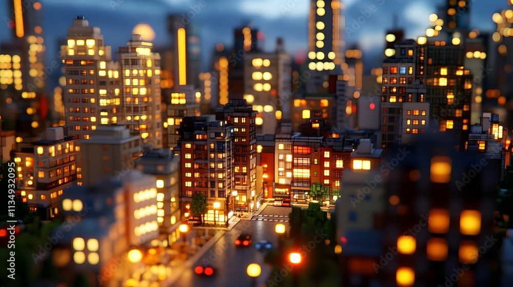 Obraz premium Urban Nightscape with Illuminated Buildings and City Activity