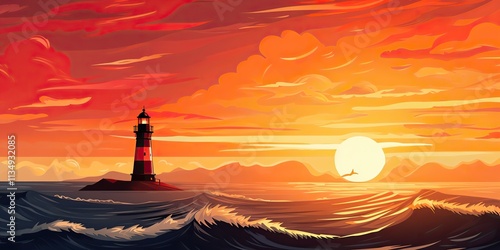 Lighthouse tower with a beam of light. Ocean sunset background scene. Nautical marine scene photo