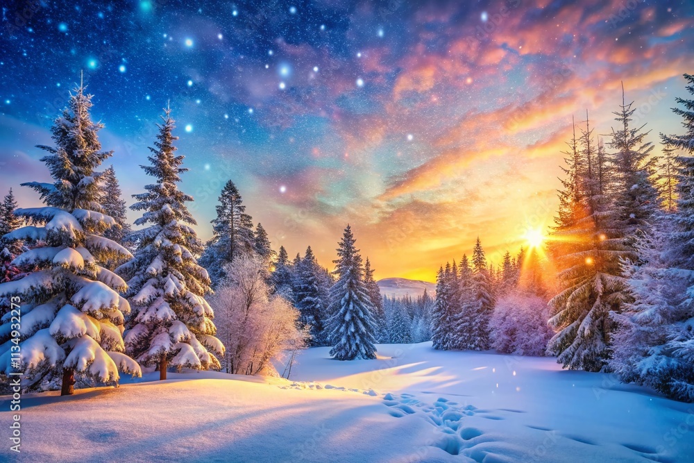 Fototapeta premium Enchanted Winter Wonderland: The Magic of a Snowfall Captured in a Scenic Landscape with Glistening Snowflakes and a Serene Atmosphere, Ideal for Evoking Holiday Cheer and Warmth