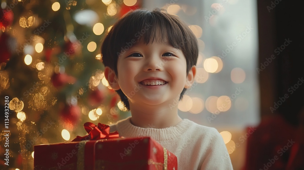 Happy child smiles holding gift box near Christmas tree. Happy child smiles holding gift box near Christmas tree.