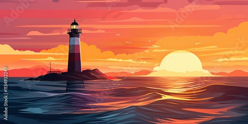 Lighthouse tower with a beam of light. Ocean sunset background scene. Nautical marine scene photo