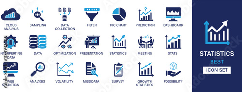 Statistics icon set collection. Cloud analysis, sampling, data collection, filter, pic chart, prediction, dashboard, miss data, analysis, volatility and best solid icon set.