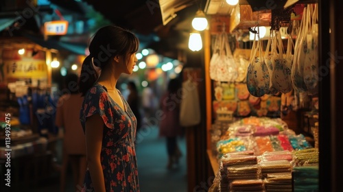 Woman Browsing Colorful Goods At Night Market