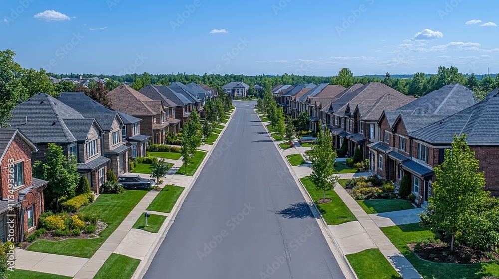 Aerial view of a residential street with neatly lined houses, lush landscaping, and a clear blue sky. Aerial view of a residential street with neatly lined houses, lush landscaping, and a clear blue sky.