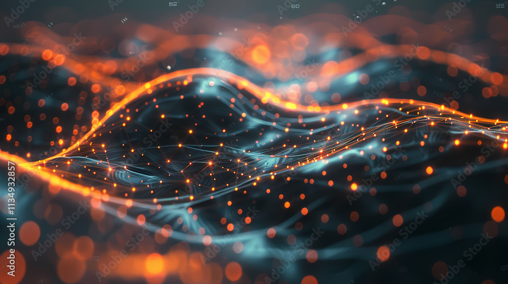 Abstract Data Flow: A mesmerizing digital rendering of abstract data flowing like a dark, undulating ocean, with glowing orange particles tracing its path. Abstract Data Flow: A mesmerizing digital rendering of abstract data flowing like a dark, undulating ocean, with glowing orange particles tracing its path.