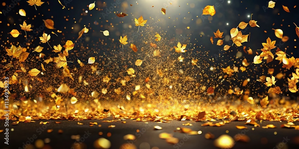 Enchanting Autumn Scene with Golden 3D Flakes Falling Gracefully on a Black Background, Evoking the Spirit of a Magical Night in the Heart of Fall Enchanting Autumn Scene with Golden 3D Flakes Falling Gracefully on a Black Background, Evoking the Spirit of a Magical Night in the Heart of Fall