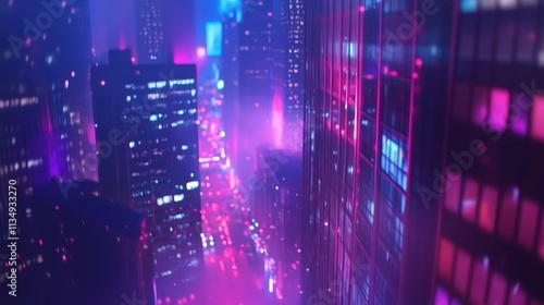 Futuristic smart city skyline at night with vibrant neon lights showcasing technology and communication advancements in urban environments photo