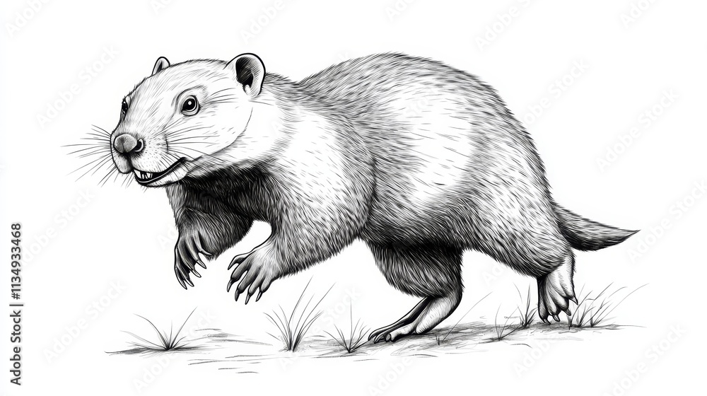 Fototapeta premium Running Prairie Dog Illustration - A detailed pencil sketch of a prairie dog running, symbolizing speed, agility, nature, wildlife, and freedom.