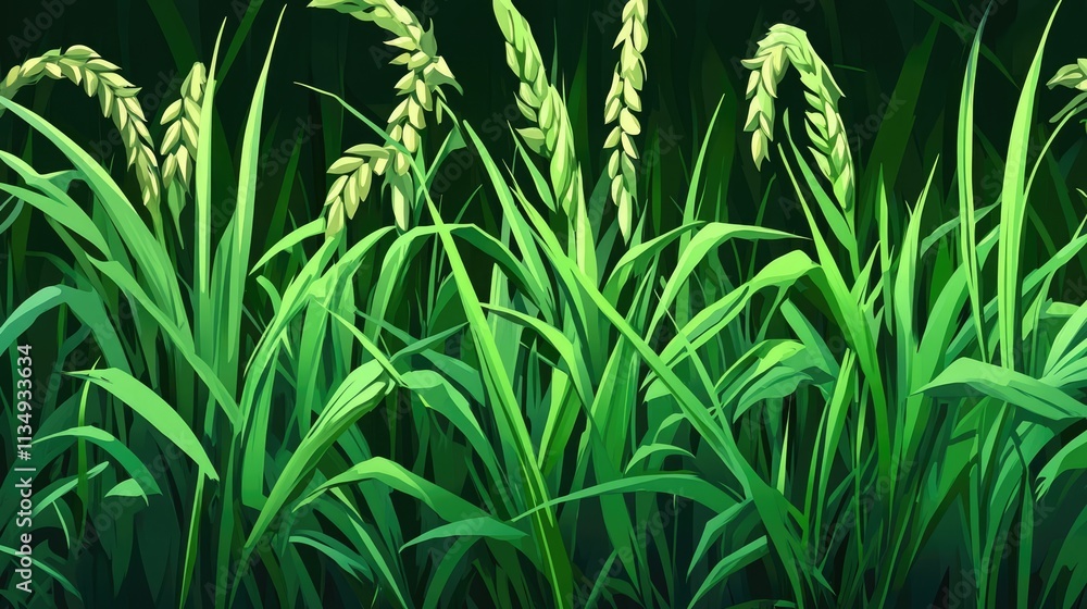 Obraz premium Lush wheat plantation with ripe golden stalks ready for harvest, showcasing vibrant green foliage and healthy crops in an expansive agricultural field, farming, nature, agriculture.