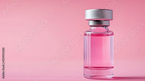 Using a glass bottle filled Minimalistic vial with pink liquid, silver cap, against solid