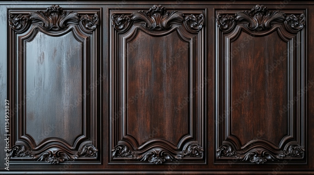 Dark brown ornate wood paneling, three vertical sections. Dark brown ornate wood paneling, three vertical sections.