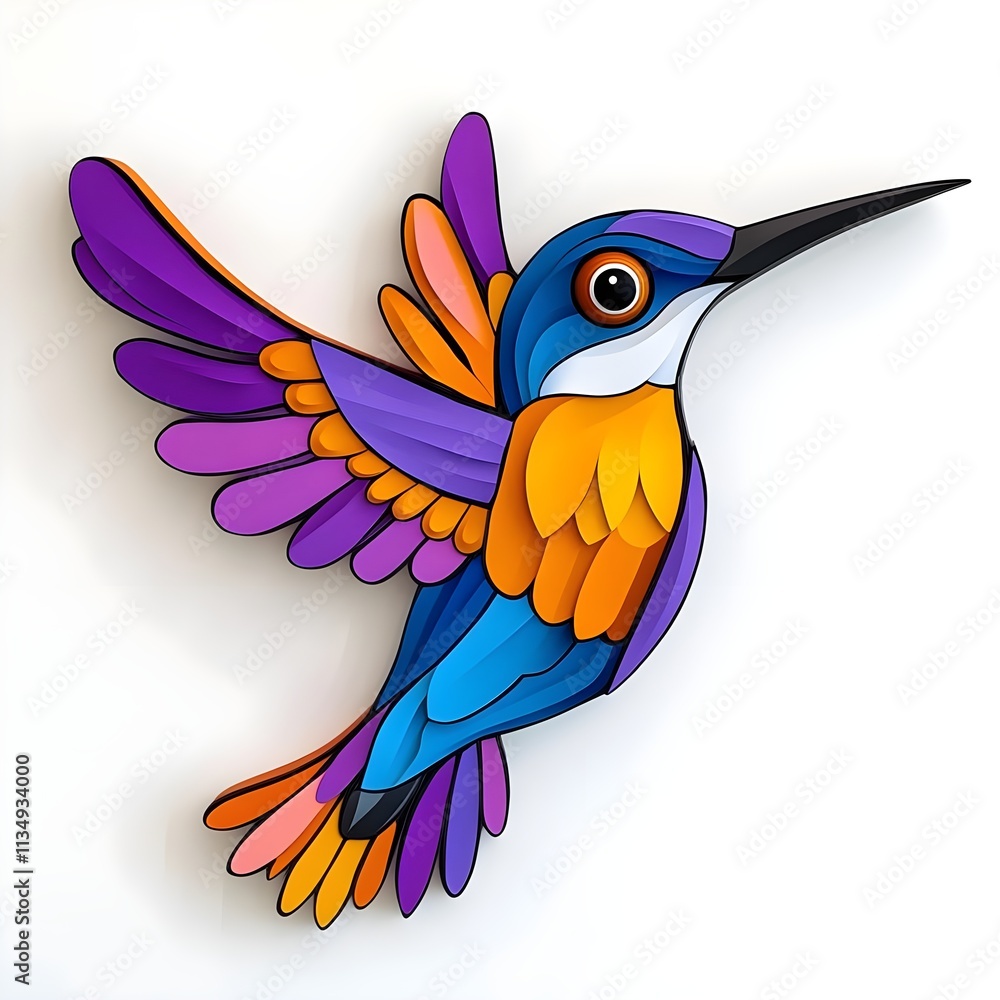 Fototapeta premium Colorful Paper Cutout Hummingbird in Flight Showcasing Vibrant Blue, Orange, Purple, and Yellow Feathers on White Background for Artistic or Educational Use