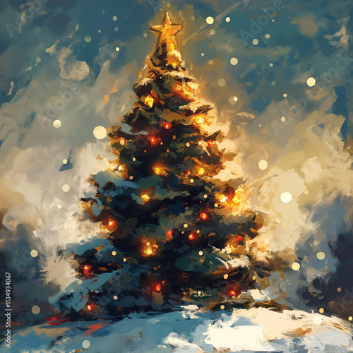 A Christmas tree adorned with lights, a star atop, surrounded by falling snow. Illustrated in the style of an oil painting. The Christmas element Illustration.