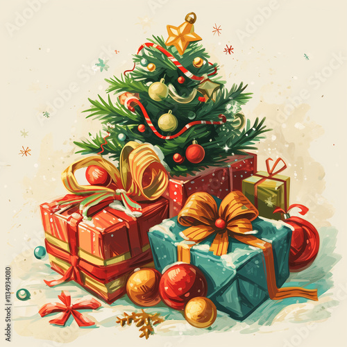 Christmas tree with gifts, illustration style vector, pastel colors, Christmas atmosphere, cartoon style, white background. The Christmas element Illustration.