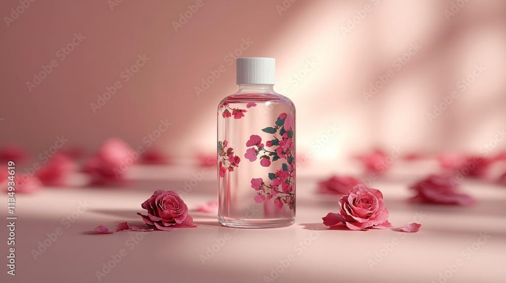 Rose water bottle surrounded by pink rose petals on a pink background. Rose water bottle surrounded by pink rose petals on a pink background.