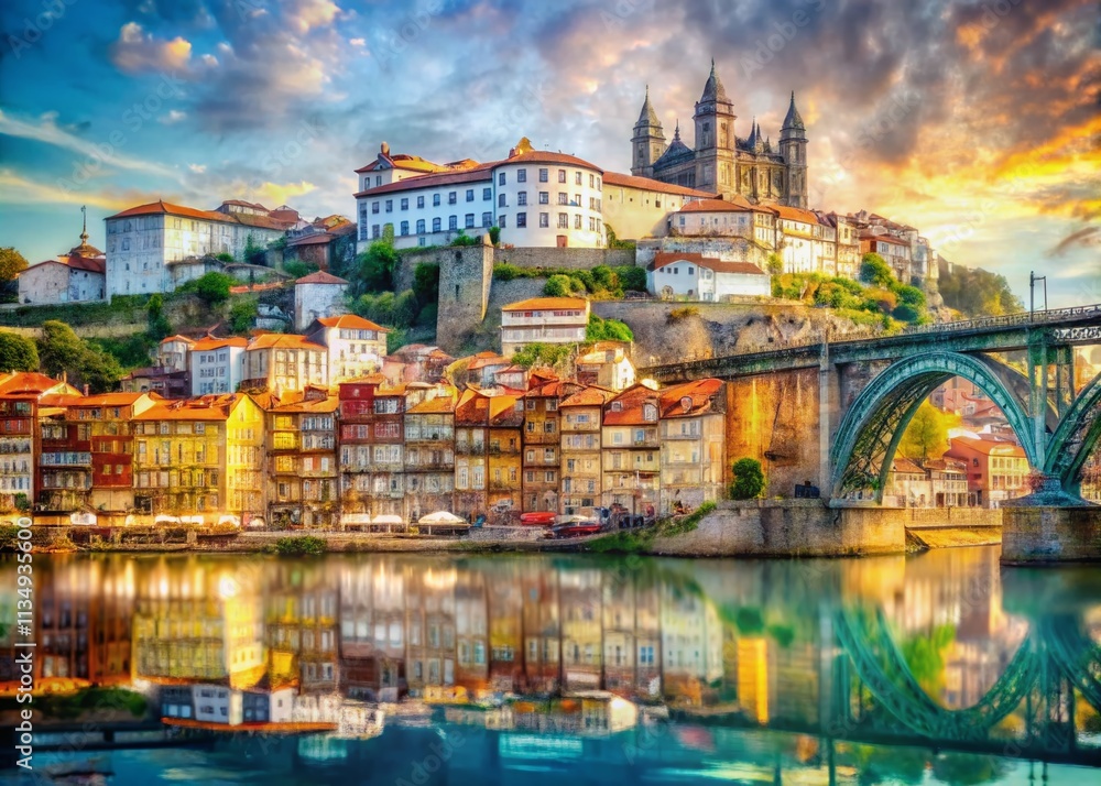 Naklejka premium Enchanting Double Exposure of Porto’s Old Town Blending Historic Architecture with Scenic River Views and Lush Greenery in a Dreamlike Composition
