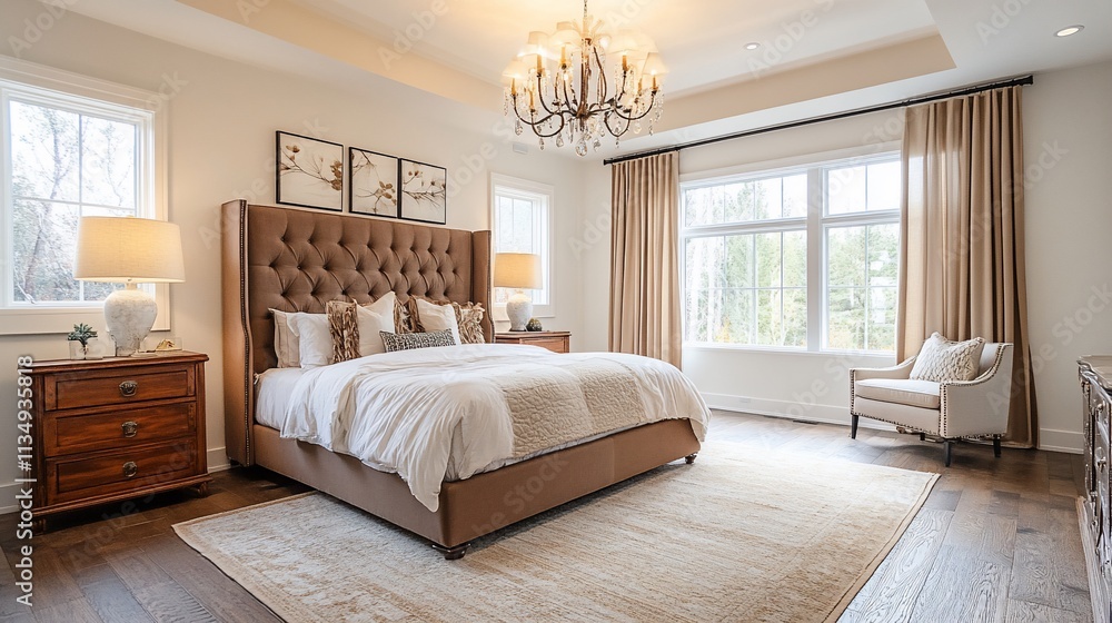 Luxurious master bedroom with king-size bed, hardwood floors, and large windows. Luxurious master bedroom with king-size bed, hardwood floors, and large windows.