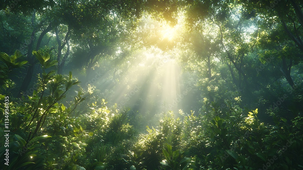 Fototapeta premium Tranquil nature scene sunlight filtering through forest canopy