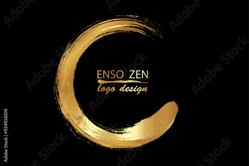 Enso Zen Circle hand-drawn with old gold ink in traditional Japanese style sumi-e, luxury vector logo design in Paint Brush art style, isolated on black background