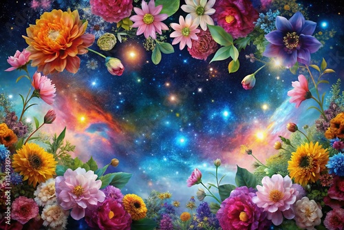 Enchanting Double Exposure Photography of a Cosmic Floral Border Merging Celestial Elements with Vibrant Blossoms for a Dreamy, Ethereal Aesthetic in Nature and Art