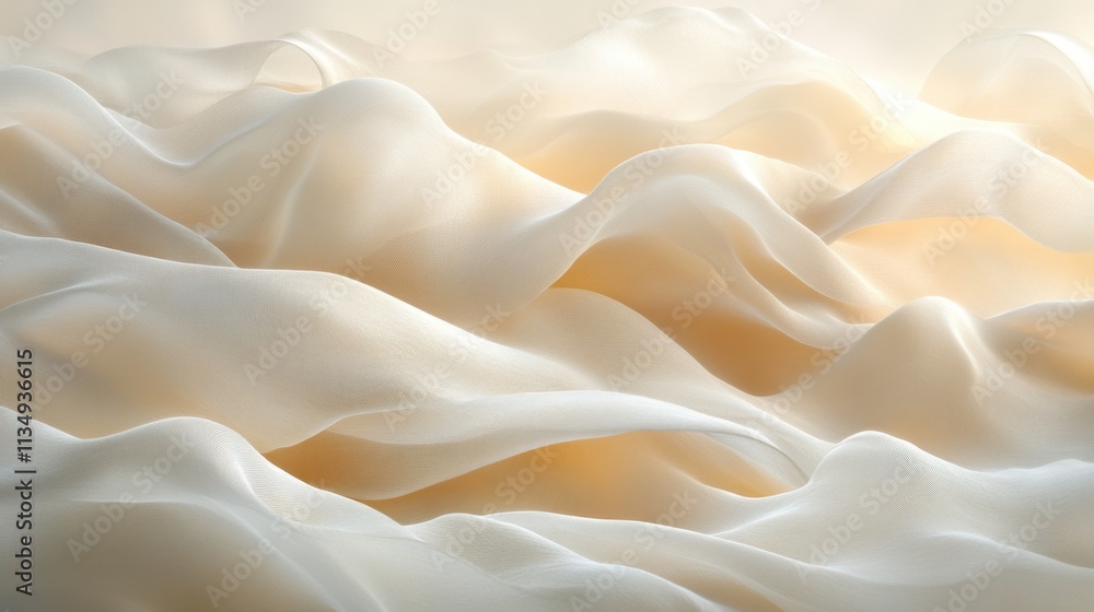 Soft waves of silk undulate gently under warm lighting, creating a serene and soothing atmosphere in a tranquil setting Soft waves of silk undulate gently under warm lighting, creating a serene and soothing atmosphere in a tranquil setting