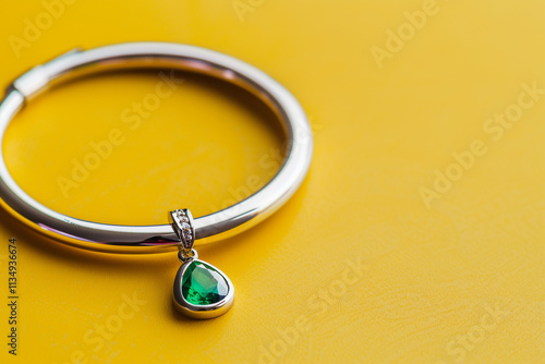 Top view of a silver bangle and emerald pendant on a bright yellow background.