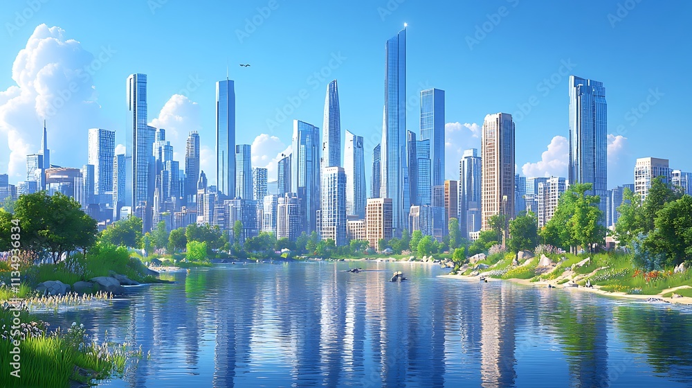 Obraz premium Urban skyline reflection modern city digital art daytime aesthetic