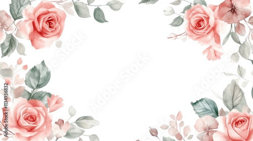 Floral design with delicate pink roses and greenery on a white background ideal for invitations or romantic themes