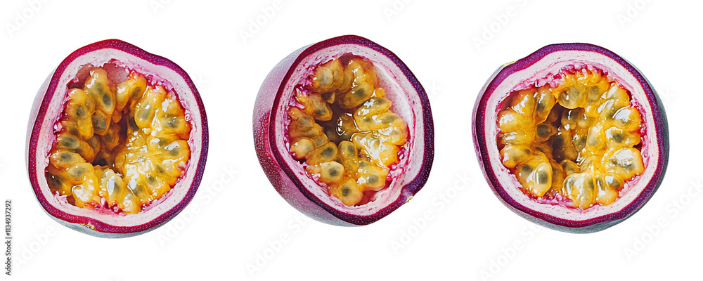 Three halved passion fruits showcasing vibrant seeds and pulp. Three halved passion fruits showcasing vibrant seeds and pulp.