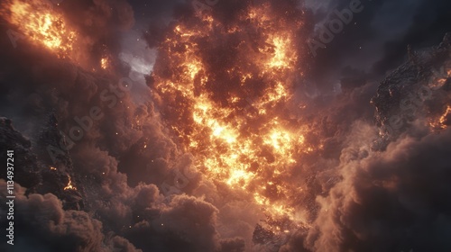 Dramatic fiery explosion with intense flashes and billowing clouds of smoke creating a captivating and chaotic atmosphere in the sky