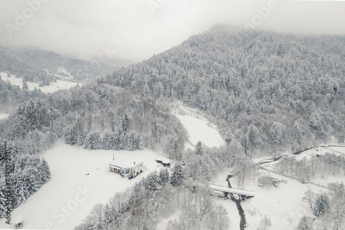 Snow blankets the serene landscape of Piatra Craiului, transforming Rasnov and Plaiul Foii into a peaceful winter retreat. Nature captures winter's beauty amidst frosted trees and rolling hills photo