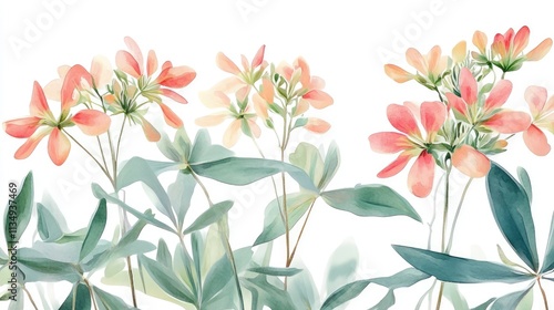 Pastel pink and green tropical flowers of Cypress spurge arranged artfully against a clean white background, botanical illustration, nature, floral decor, vibrant colors.