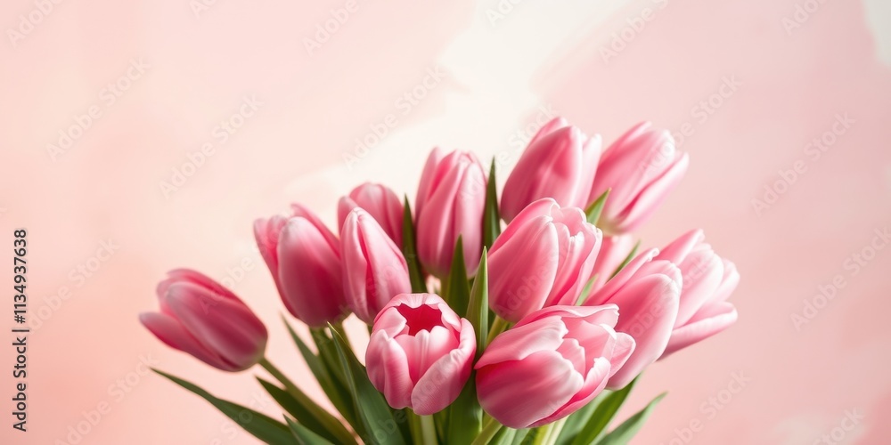 A delicate bouquet of light pink tulips arranged in a cluster, showcasing their soft petals and delicate stems against a soft pink background. A delicate bouquet of light pink tulips arranged in a cluster, showcasing their soft petals and delicate stems against a soft pink background.